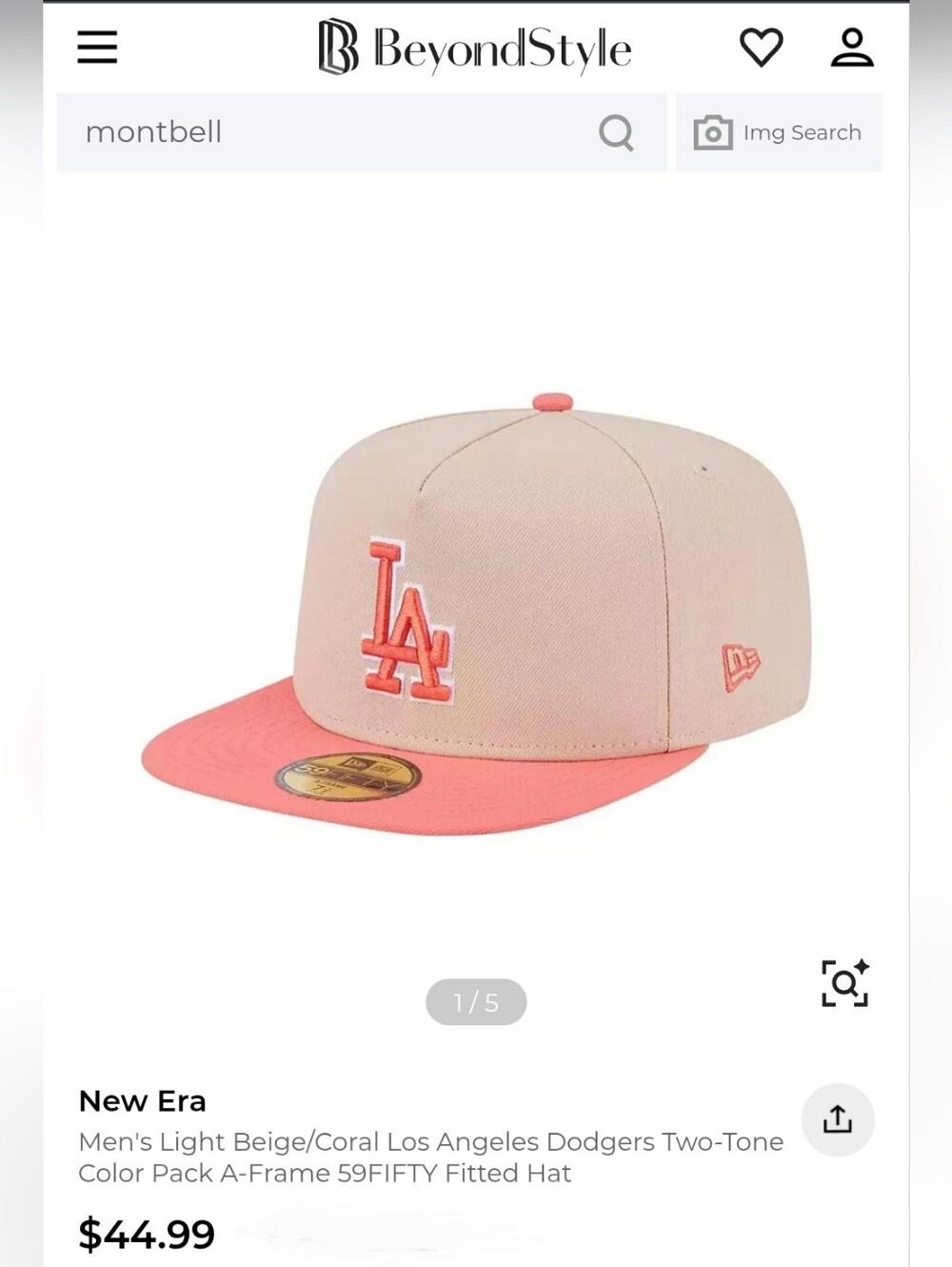 LA Dodgers New Era Beige/Coral Two-Tone Color Pack A-Frame 59Fifty Fitted Size 7 - Picture 9 of 9